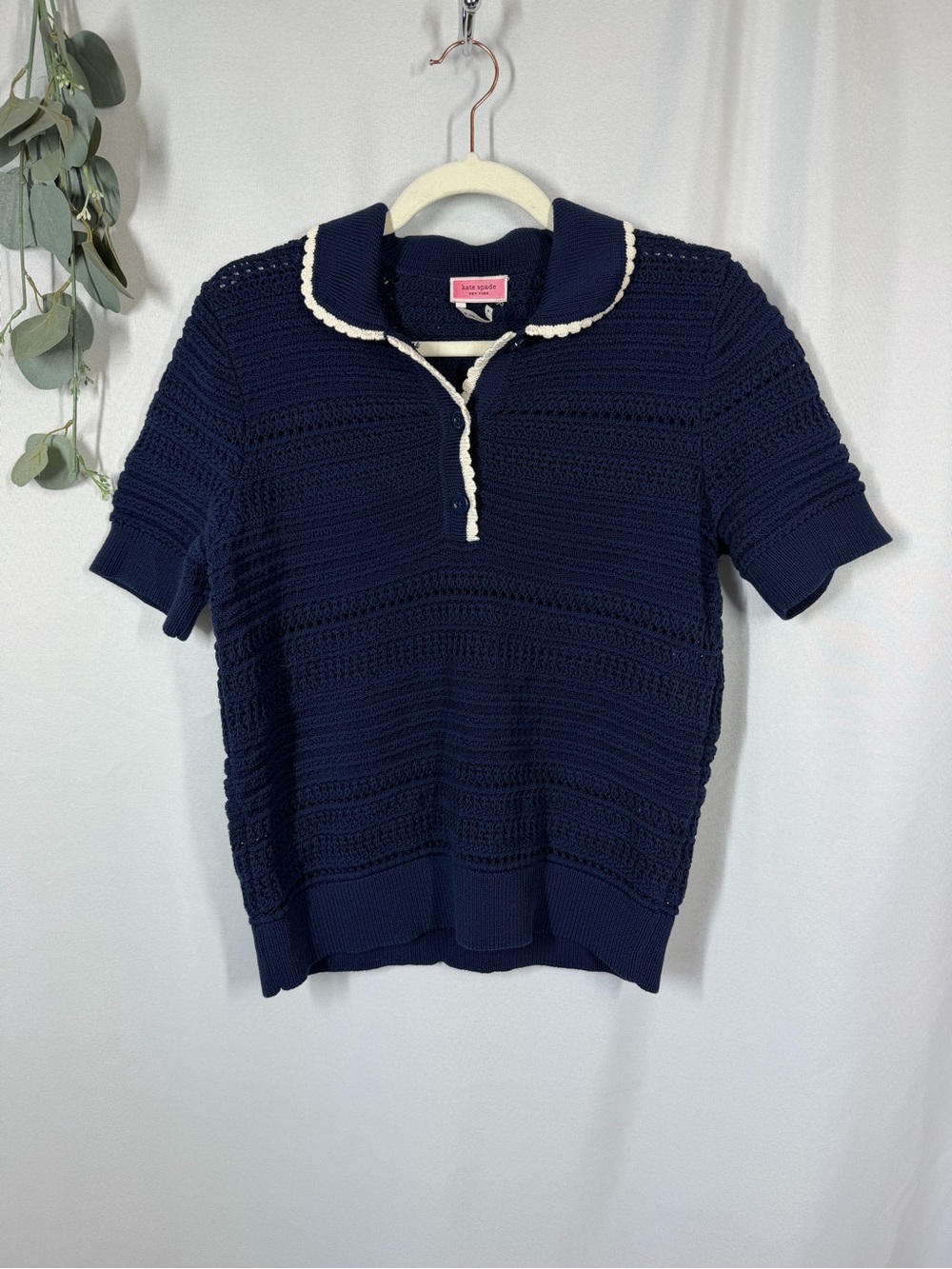 Kate Spade | Shortsleeve Polo Sweater Navy Blue White Women's Size Medium - Picture 3 of 11